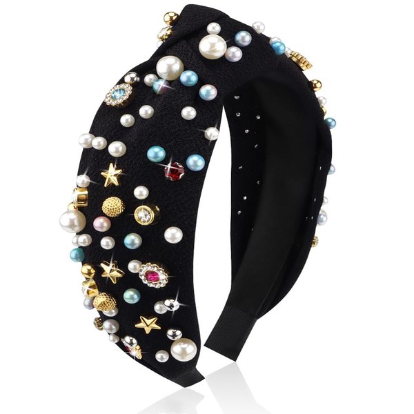 AHONEY Black Knotted Headband for Women Girls, Pearl Rhinestone Top Knot Crystal Beaded Jeweled Fashion Headpiece Boho Wide Head Band for Women's Hair Party Gifts Hoilday Hair Accessories