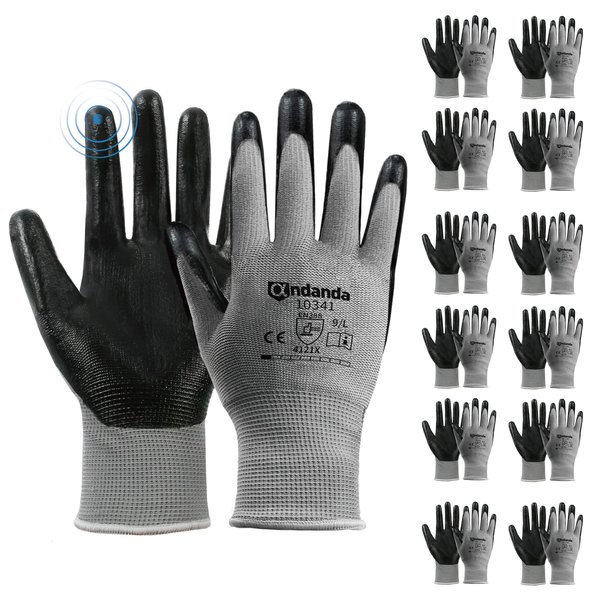 ANDANDA 12 Pairs Work Gloves, Smart Touch, 3D Comfort Stretch Fit, Nitrile Coated, Men Work Gloves with Grip, Seamless Knit Nylon, Suitable for Warehousing, Logistics, Handling, Black（L）
