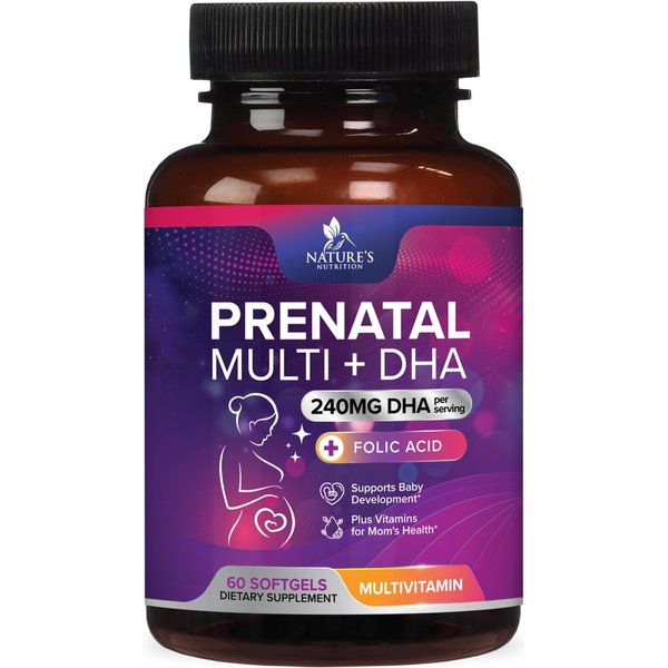 Prenatal Multivitamin with Folic Acid & DHA, Prenatal Vitamins Supplement, Folate, Omega 3, Vitamins D3, B6, B12 & Iron, Women's Pregnancy Support Prenatal Vitamins, Non-GMO Gluten Free - 60 Softgels