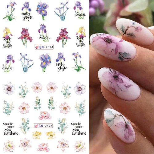 MAIOUSU STORE 12 Sheets Flower Water Transfer Nail Decals Fresh Nail Stickers with Assorted Patterns Blossom Flower Orchid Butterfly Dragonfly DIY Nail Art Watermark Nail Designs Manicure Stickers(12)