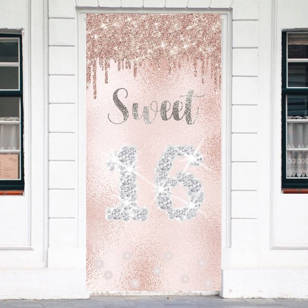 Joyiou Sweet 16 Birthday Decorations, Pink Rose Gold 16th Birthday Decorations for Girls Door Banner Door Cover Sign, Sweet Sixteen Birthday Party Decorations Supplies Gift Photo Booth Backdrop