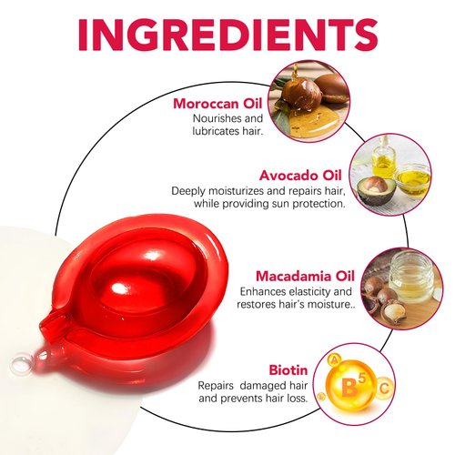 Hair Treatment Serum Hair Vitamin Capsules 60Pcs, with Vitamin A C E Pro B5, No Rinse with Argan Macadamia/Avocado Oil for Hair Repair, Smooth & Anti Frizzy (red, 60)