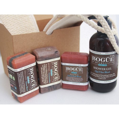 BOGUE 'Bearded Greasemonkey' Mens bath Giftset- Goatmilk Soap N°13 'GreaseMonkey' Removes Grease & Odors, N°14 Beard Wash, N°32 WELLNESS Detox & N°29 'Ojai Vibes' Shower Gel