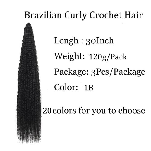 Brazilian Curly Braids Crochet Twist Hair 30inches 3Packs Afro Kinky Curly Braiding Hair Extensions Deep Curly Crochet Hair Synthetic Water Wave Braid Hair(30Inch,1B)