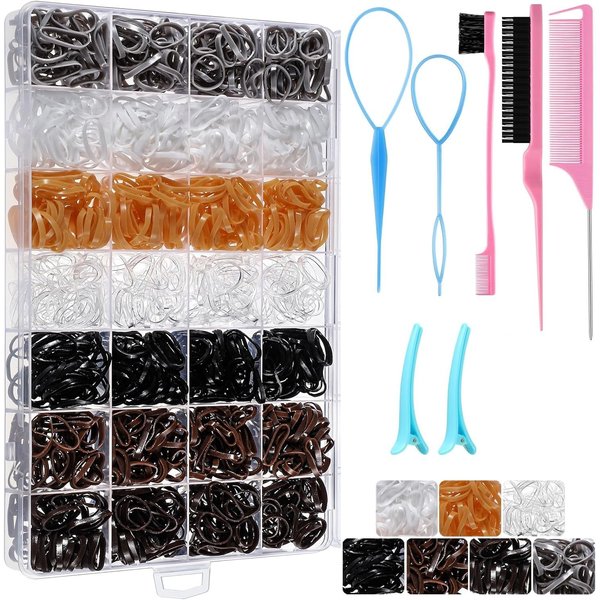 Neutral Colors Rubber Bands for Hair with 8 Hair Styling Tools, 1500 Pcs Elastic Hair Ties Small Hair Rubber Bands Baby Toddler Hair Ties Hair Accessories Gift Stocking Stuffers for Girls Women