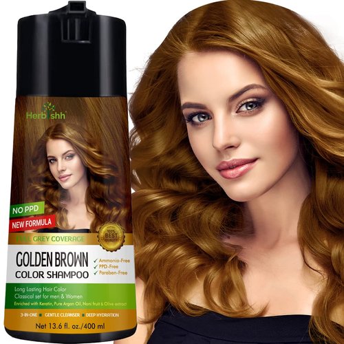 Herbishh Color Enriched Shampoo for Gray Hair - Long Lasting Hair Dye Formula and Conditioner (Golden Brown)