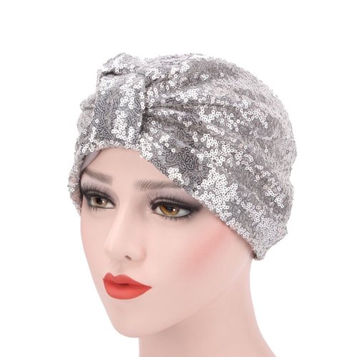 DECOU female Sparkly Sequin Twist Pleated Hair Wrap Stretch Turban S232 (Silver)