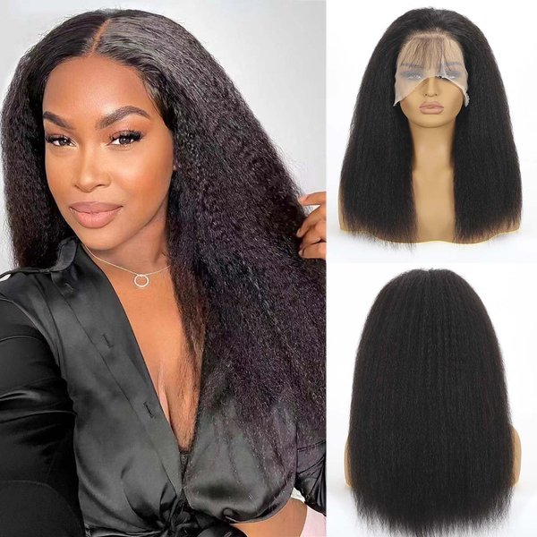 AZW Kinky Straight Wigs for Black Women Human Hair,180% Density13x4 HD Lace Front Wigs Human Hair Glueless Wigs Human Hair Pre Plucked with Baby Hair Bleached Knots Lace Closure Wigs (Black 26 Inch)