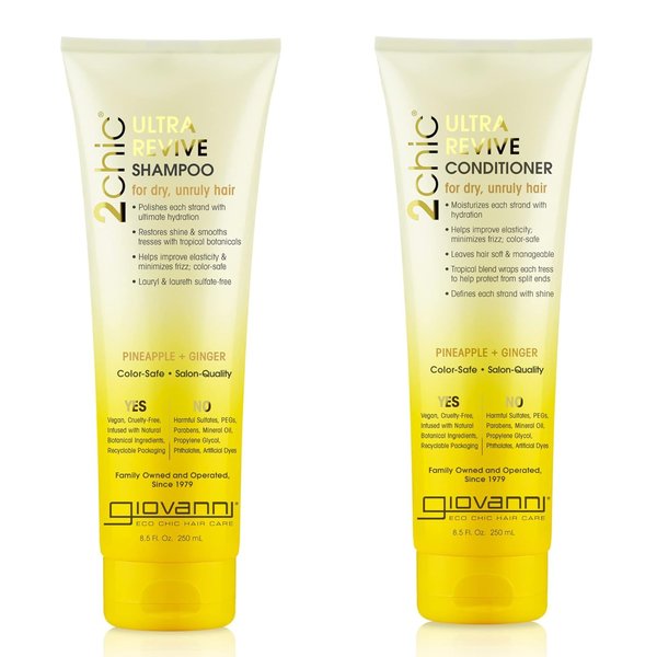 GIOVANNI 2chic Ultra-Revive Shampoo & Conditioner - Pineapple & Ginger to Moisturize Dry Unruly Hair, Aloe Vera, Pro-Vitamin B5, Lauryl & Laureth Sulfate Free, Color Safe - 8.5 oz (2 Pack)