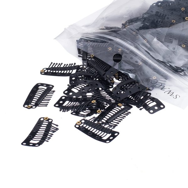 SWACC 100 Pcs U Shape Metailic Snap Clips ins for Hair Extension Hairpiece DIY Snap-Comb Wig Clips with Rubber (Black, 10-Teeth 9 holes)