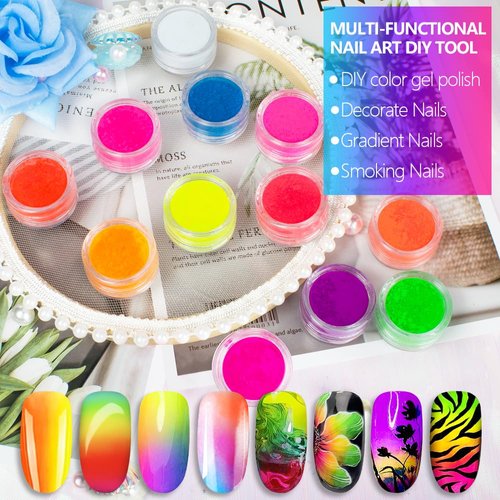 Neno Pigment Powder for Nails, 12 Colors Fluorescent Rainbow Resin Pigment Powder for Acrylic Gradient Smoke Nails, High-Gloss Paint Pigment Powder Dust for Halloween Manicure Eyeshadow Liner Makeup