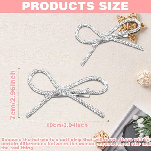 2Pcs Bow Hair Clips, Rhinestone Hair Clips Silver Glitter Crystal Bows Clips for Women, Hair Bow Clips Rhinestones Sparkle Bow Hair Clips Women Mother's Day Gift Suitable for Girls' Date Parties