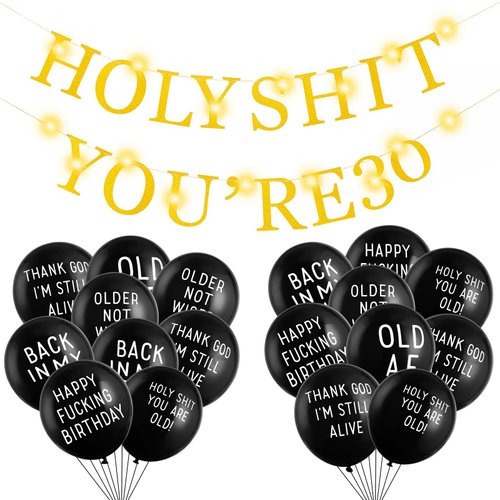SUNBEAUTY 30th Birthday Decorations for Him Or Her LED Gold Birthday Party Decor Sign Abusive Balloons Funny Banner 30th Bday Party Supplies Holy Shit You're 30 Birthday Banner Party Decoration
