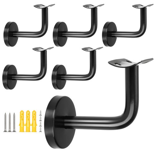 6Pcs Black Handrail Bracket Stainless Steel Stair Railing Brackets with Mounting Screws, Handrail Brackets for Staircase, Stairway Hardware