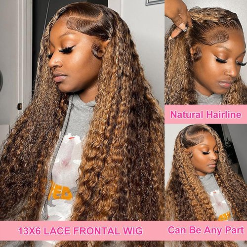 aliluner 28 inch Highlight Lace Front Wigs Human Hair 200% Density Deep Wave Ombre Honey Blonde 4/27 13x6 HD Transparent Lace Front Wigs Human Hair For Women Curly Lace Frontal Wigs