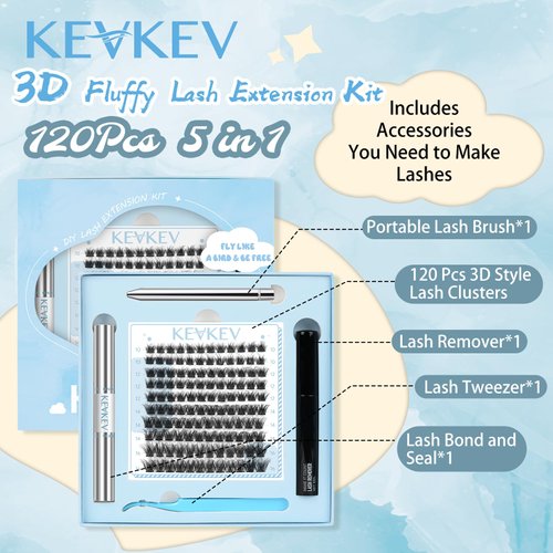 KevKev DIY Lash Extension Kit 3D Fluffy Eyelash Extension Kit 120 Pcs Lash Clusters Kit Individual Lashes Kit Mixed C/D Lash Bond and Seal Lash Glue Lash Remover (Bluebell,10-16mix)