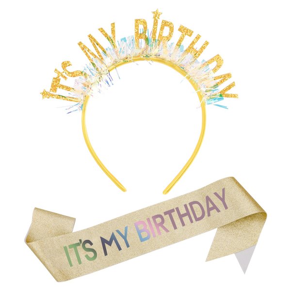 KICOSY Birthday Headbands and Sashes for Women Birthday Crown Tiara Birthday Sash for Girl Glitter Iridescent Fringe It's My Birthday Headband Happy Birthday Decorations Birthday Gifts for Girls
