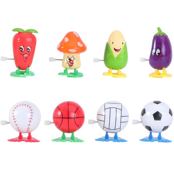 Gawertoy 8 Pack Wind Up Toys for Kids, Cartoon Vegetable Wind-Up Toys Plastic Sports Ball Clockwork Toys Novelty Walking Jumping Toys for Easter Egg Hunt Basket Filler Party Favor Birthday Gift (#A)