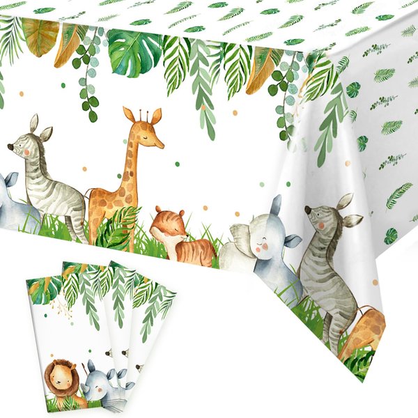 Jungle Safari Tablecloths,3Pcs Wild Animal Table Cover for Safari Baby Shower Decorations,Boys and Girl Birthday Party Sage Green Theme Party Supplies