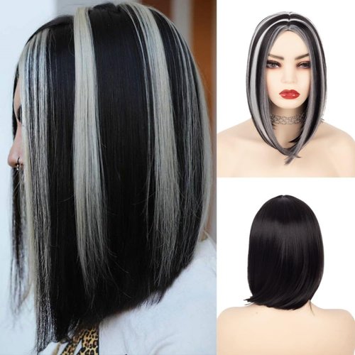 Salaibs Black White Bob Wigs for Women Straight Short Wig with White Highlight Synthetic Middle Part Heat Resistant Hair Wig for Daily Party Use