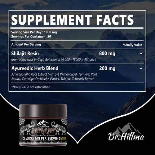 Dr.hillma Pure Himalayan Organic Shilajit Resin, Authentic Golden Grade A,1000mg Maximum Potency Natural Shilajit Resin with 85+ Trace Minerals & Fulvic Acid for Energy,Immune Support,50 Grams,1 Pack