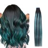 RINBOOOL Ombre Balayage Tape In Hair Extensions, Black Fading To Teal Green Highlighted Black,Remy Human Hair,14'' 40g 20Pcs/pack