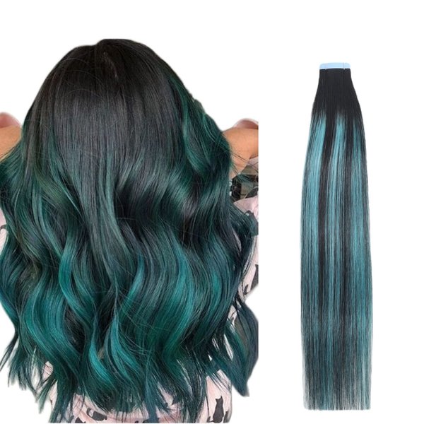 RINBOOOL Ombre Balayage Tape In Hair Extensions, Black Fading To Teal Green Highlighted Black,Remy Human Hair,14'' 40g 20Pcs/pack