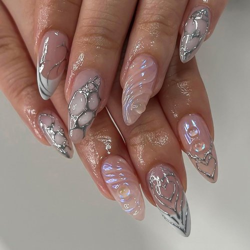 FULZTEY Long Press on Nails,3D Water Ripple Fake Nails for Women,Silver Y2K Heart Design Almond Nail Tips,12 Sizes Glossy Full Cover Artificial Nails for DIY Nail Art Nail Salon Decoration 24 PCS