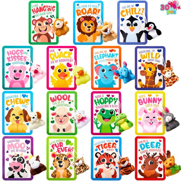 JOYIN 30 Packs Valentine's Day Gifts Cards with Animal Plush Toy for Kids, Valentine's Plush Keychain Toy for Classroom Exchange Cards and Party Favor, Valentine Greeting Cards, Game Prizes