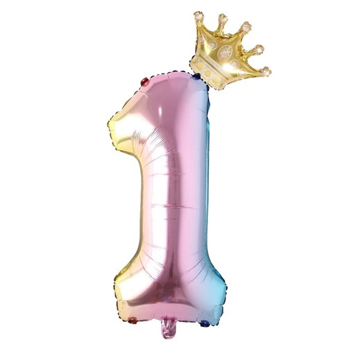 1 Number Balloon Rainbow 40 inch Big Foil Crown Helium 1st Balloons for 1 Year Old Boy Girl Birthday Party Decorations Wedding Anniversary Events Supplies