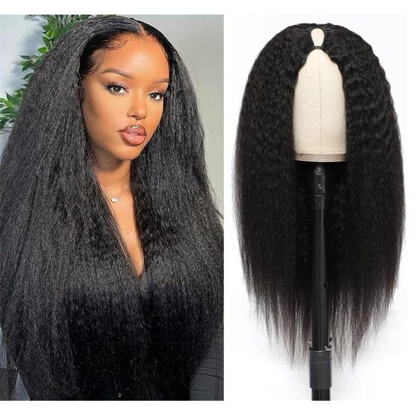 V Part Wig Human Hair Kinky Straight Human Hair Wigs for Black Women 150% Density Yaki V Part Wig Human Hair Upgrade U Part Glueless Full Head Clip In Half Wig V Shape Wigs Yaki Straight Human Hair Wig 18 inch