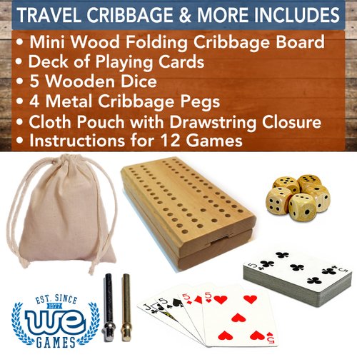 WE Games Cribbage Board Game Set, Travel Crib Board with Storage Slot and Drawstring Bag for Card Storage, Foldable 2 Track Cribbage Board with Cards, Metal Pegs and Dice, Mini Board Games