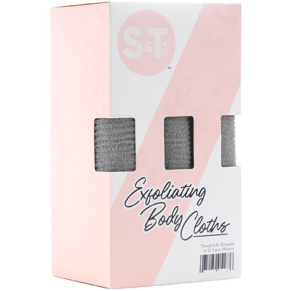 S&T INC. Exfoliating Body Scrubber, Back Scrubber for Shower and Exfoliating Cloth, 11.8 Inch x 35.4 Inch, Grey, 3 Pack