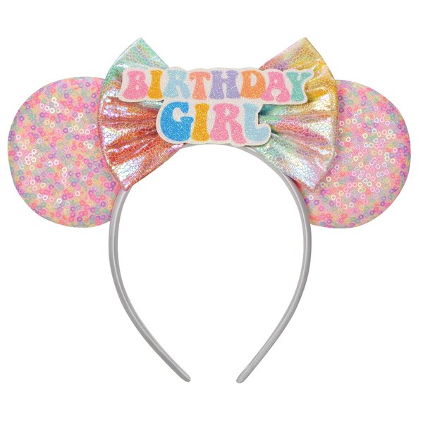Seamoy Sequin Minnie Ears Headband,Minnie Themed Birthday Decorations, Birthday Girl Shirt Accessories, Birthday Mouse Ears Headband(Rain-bow Birthday)