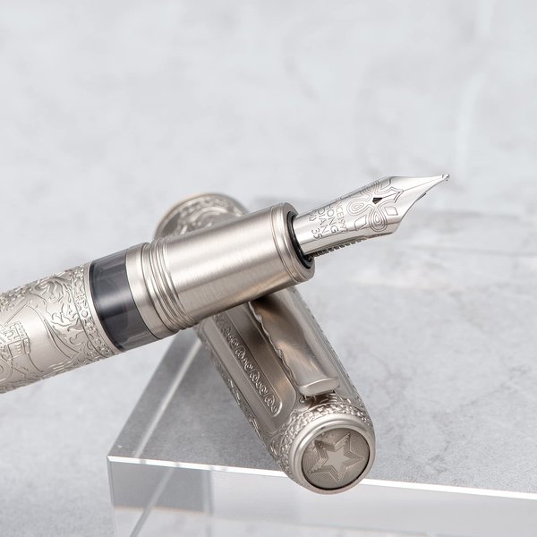 Hongdian 100 Piston Fountain Pen Silver Steel, Iridium Medium Nib Calligraphy Pen, Smooth Writing Pen with Pen Case Set