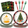 96 Pcs Christmas Paper Plates and Napkins Christmas Xmas Party Supplies Green Red Black Buffalo Plaid Christmas Tree Disposable Tableware Set Merry Christmas Themed Party Favors Holiday Winter Decor