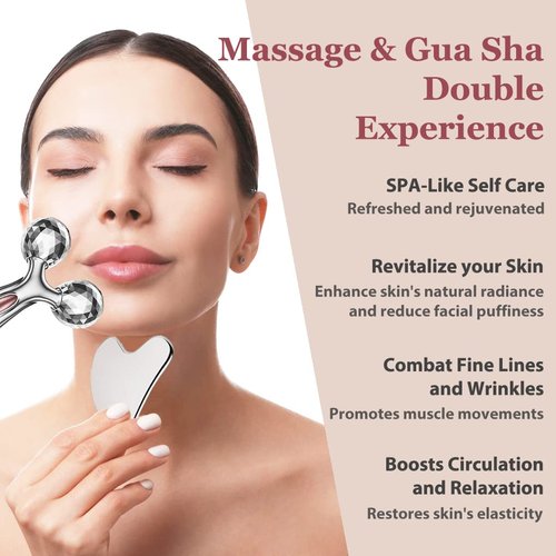 Stainless Steel Gua Sha and Face Roller Set, Gua Sha Facial Tool, Face Massager for Face Sculpting, Metal Gua Sha Face Roller Skin Care, Facial Massager for Women