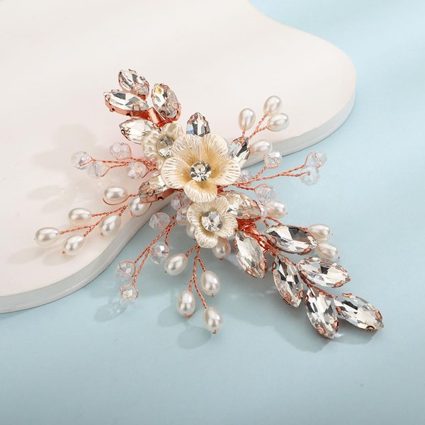 Teyglen Crystal Bridal Hair Clip Wedding Flower Rhinestone Hair Clips Handmade Pearls Crystal Hair Pieces Barrette Wedding Hair Accessories for Bride Floral Flower Headpieces for Women Girls (Rose gold)