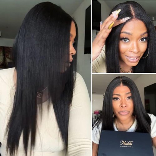 Nadula Yaki Straight Bye Bye Knots Glueless Wig Kinky Edge Hairline 7x5 Pre Cut Lace Front Wigs Human Hair Pre Plucked Pre Bleached 3S Ready to Go Pre Everything Glueless Wig 150% Density 16inch