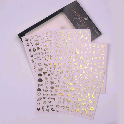 Impressed 5 Sheets Gold Holographic Nail Art Stickers - 500+ Small Customized Nail Decals for Fake Nail Design Decorations – Cute Salon Nails Accessories - Manicure Décor Supplies for Women and Men