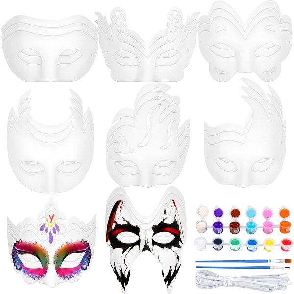 ELCOHO 24 Pieces White Paper Masks Half Face Masquerade Masks DIY Hand Painted Masks with Tether Acrylic Paints Brushes Mardi Gras Masks for Halloween, Cosplay Party