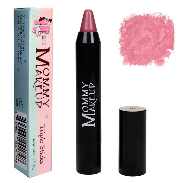 Mommy Makeup Triple Sticks Lipstick & Cream Blush in Pink Daisy (A Daisy Pink with Shimmer) - Soft & Creamy, Moisturizing Multistick For Lips & Cheeks with Medium Coverage