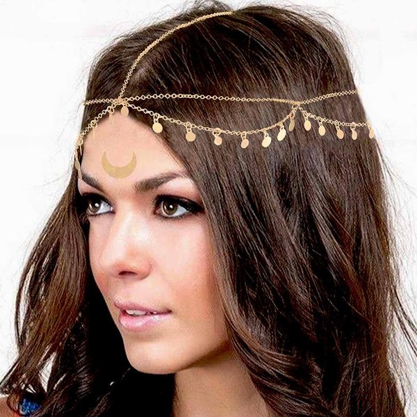 Fashey Sequins Head Chain Gold Boho Headpiece Layered Hair Chains Forehead Chains Jewelry Festival Wedding Halloween Costume Hair Accessories for Women