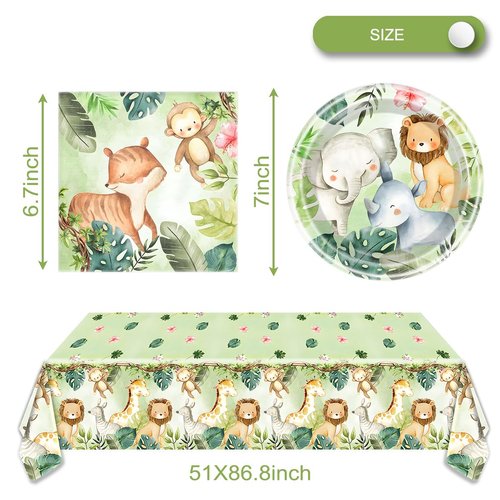 Safari Jungle Baby Shower Plates Set Decorations 20 Plates and 20 Napkins and Tablecloth86‘’ x 51‘’,For Boys and Girls Jungle Animal Theme Birthday Party Supplies