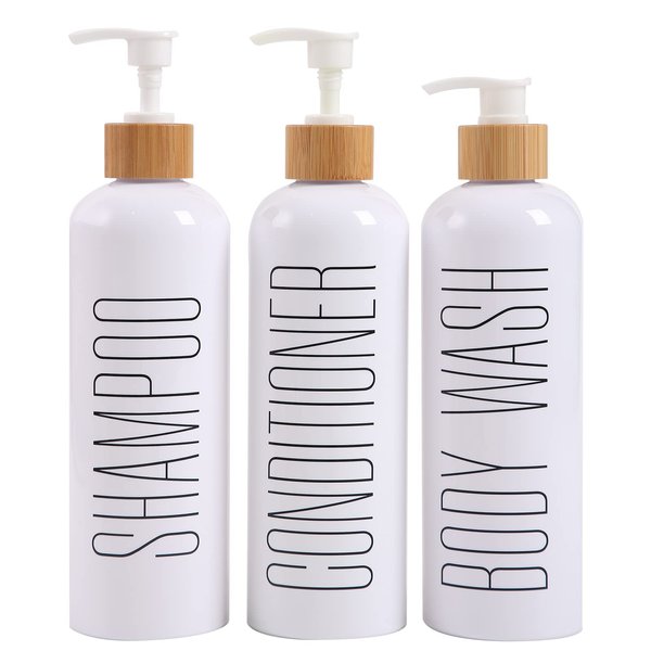 HOMCDALY Shampoo and Conditioner Dispenser, 16oz 3-Pack Refillable Shampoo and Conditioner Bottles, Empty Shampoo Bottles Refillable with Bamboo Pump, Bathroom Shower Shampoo Dispenser Set
