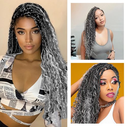 8 Packs Box Braids Crochet Braids Curly Ends 3X Box Braids 14 Inch Ombre Synthetic Crochet Hair Extensions (14 Inch, 1B/Silver)