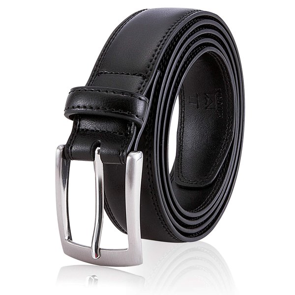 MILORDE Black Leather Belt Men, Fashion & Classic Design for Dress and Causal (Size 38 (Waist 36), Basic Black)