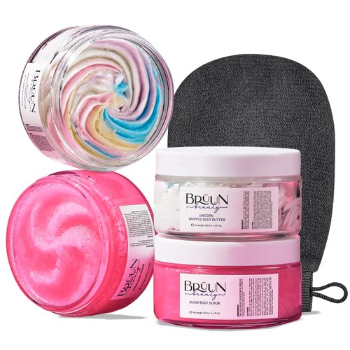 BRÜUN Beauty Unicorn Whipped Butter with Exfoliating Body Scrub Cream – A Bundle for Body and Skin Care with Natural Ingredients and Vitamin E for Girls, Men, and Women (Body Butter + Scrub Cream)