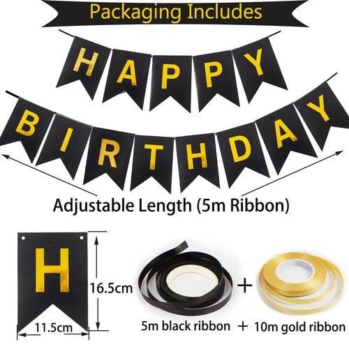 Happy Birthday Banner, Black Gold Birthday Decoration, 16 Pcs 12in Happy Birthday Balloons with 2 Ribbons for Men Women Girls and Boys Birthday Party Decoration