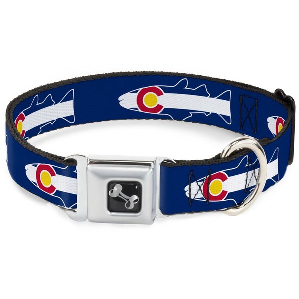 Dog Collar Seatbelt Buckle Colorado Trout Flag Snowy Mountains Blues White Red Yellow 18 to 32 Inches 1.5 Inch Wide